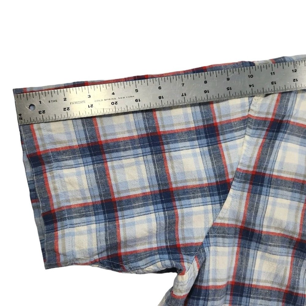 Timberland Linen‎ Blend Shirt Men's Large Blue Plaid Short Sleeve Button Front - Picture 8 of 8